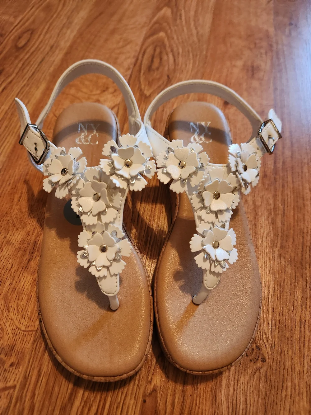 White Floral T-Strap Sandals, Cork Platform Wedge